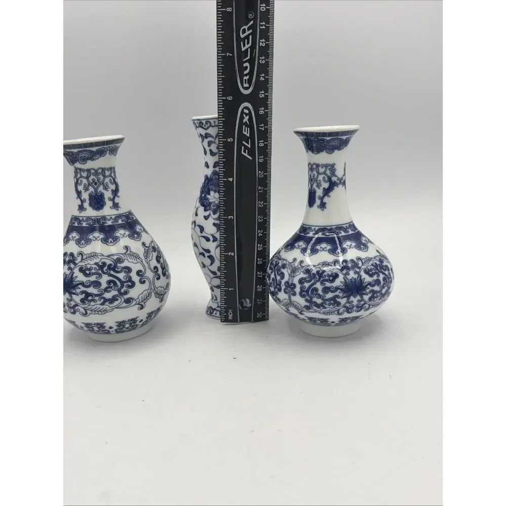 Blue and White Chinoiserie Vases 3pc Set, Mini Decorative Bud Vase Antique Style